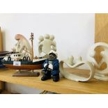 A COLLECTION OF FIVE FIGURE SCULPTURES (ONE A/F), MODEL FISHING BOAT, SAILOR FIGURE,