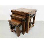 NEST OF 3 HARDWOOD COFFEE TABLES WITH METAL CRAFT DETAIL + MATCHING 2 DRAWER COFFEE TABLE