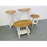 4 X VARIOUS MODERN OCCASIONAL TABLES WITH CREAM BASES AND LIGHT OAK FINISH TOPS