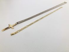A 9CT GOLD FIGARO LINK BRACELET AND A 9CT GOLD CROSS PENDANT ON YELLOW METAL NECKLACE