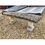 A STONEWORK GARDEN BENCH SUPPORTED BY TWO SQUIRRELS - LENGTH 50CM