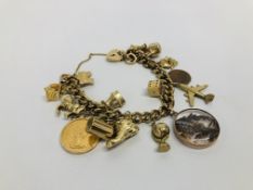 A 9CT GOLD BRACELET WITH PADLOCK CLASP WITH FOURTEEN YELLOW METAL CHARMS ATTACHED - NOT ALL HALL