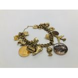 A 9CT GOLD BRACELET WITH PADLOCK CLASP WITH FOURTEEN YELLOW METAL CHARMS ATTACHED - NOT ALL HALL