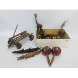 A BOX OF TREEN ANIMALS TO INCLUDE MANY AFRICAN, VINTAGE TOY CART AND A PAIR OF SOUVENIR SHAKERS,