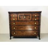 AN EARLY C19TH MAHOGANY NORTH COUNTRY CHEST WITH CENTRAL DEEP DRAWER FLANKED BY THREE SHORT DRAWERS