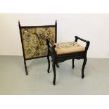 A MAHOGANY FRAMED FIRE SCREEN AND EDWARDIAN MUSIC SEAT WITH EMBROIDERED CUSHION