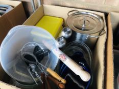 4 BOXES OF ASSORTED KITCHENWARES TO INCLUDE COOKING PANS, FLASKS, UTENSILS ETC.