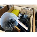 4 BOXES OF ASSORTED KITCHENWARES TO INCLUDE COOKING PANS, FLASKS, UTENSILS ETC.