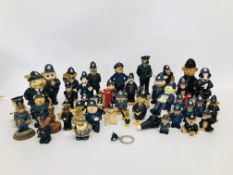 A COLLECTION OF 46 NOVELTY POLICEMEN ORNAMENTS AND NEW YORK 911 POLICE BADGE