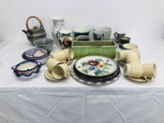A QUANTITY OF STUDIO POTTERY PIECES TO INCLUDE TEAPOT (SMALL CHIP TO TEAPOT LID), PLATES, VASES,