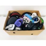 BOX CONTAINING 20 VARIOUS PAIRS OF HEADPHONES TO INCLUDE SONY, JBL, NUMARK, TURTLE BEACH ETC.