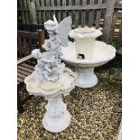 AN ORNATE STONE BIRD BATH WITH FIGURE A/F ALONG WITH FAIRY FIGURE A/F ALONG WITH LARGE STONE EFFECT