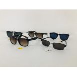 5 PAIRS OF DESIGNER SUNGLASSES TO INCLUDE MARKED RAY BAN, CK, SHELL,