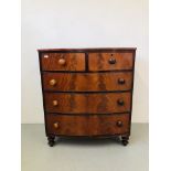 A VICTORIAN MAHOGANY TWO OVER THREE BOW FRONTED CHEST STANDING ON TURNED FEET