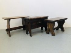 TWO OAK OCCASIONAL STOOLS OF TRADITIONAL CONSTRUCTION AND SOLID OAK HINGE TOP WORK BOX