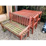 A WOODEN GARDEN BENCH AND TWO TREATED TIMBER POTTING STANDS