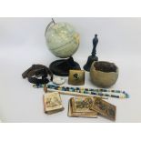 MIXED COLLECTIBLES TO INCLUDE CHAD VALLEY GLOBE, VINTAGE BELLS, GIRL GUIDES BELT,