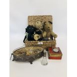 A BASKET OF COLLECTIBLES TO INCLUDE VINTAGE TEDDIES, HANDMADE DOLL,