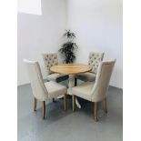 A MODERN PEDESTAL BREAKFAST TABLE, THE SOLID LIGHT OWAK TOP SUPPORTED BY CREAM PAINTED BASE,
