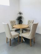 A MODERN PEDESTAL BREAKFAST TABLE, THE SOLID LIGHT OWAK TOP SUPPORTED BY CREAM PAINTED BASE,