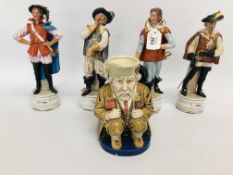 A SET OF 4 MUSKETEERS (SMALL LOSS TO PORTHOS LITTLE FINGER) AND A TOBY JUG