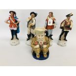 A SET OF 4 MUSKETEERS (SMALL LOSS TO PORTHOS LITTLE FINGER) AND A TOBY JUG