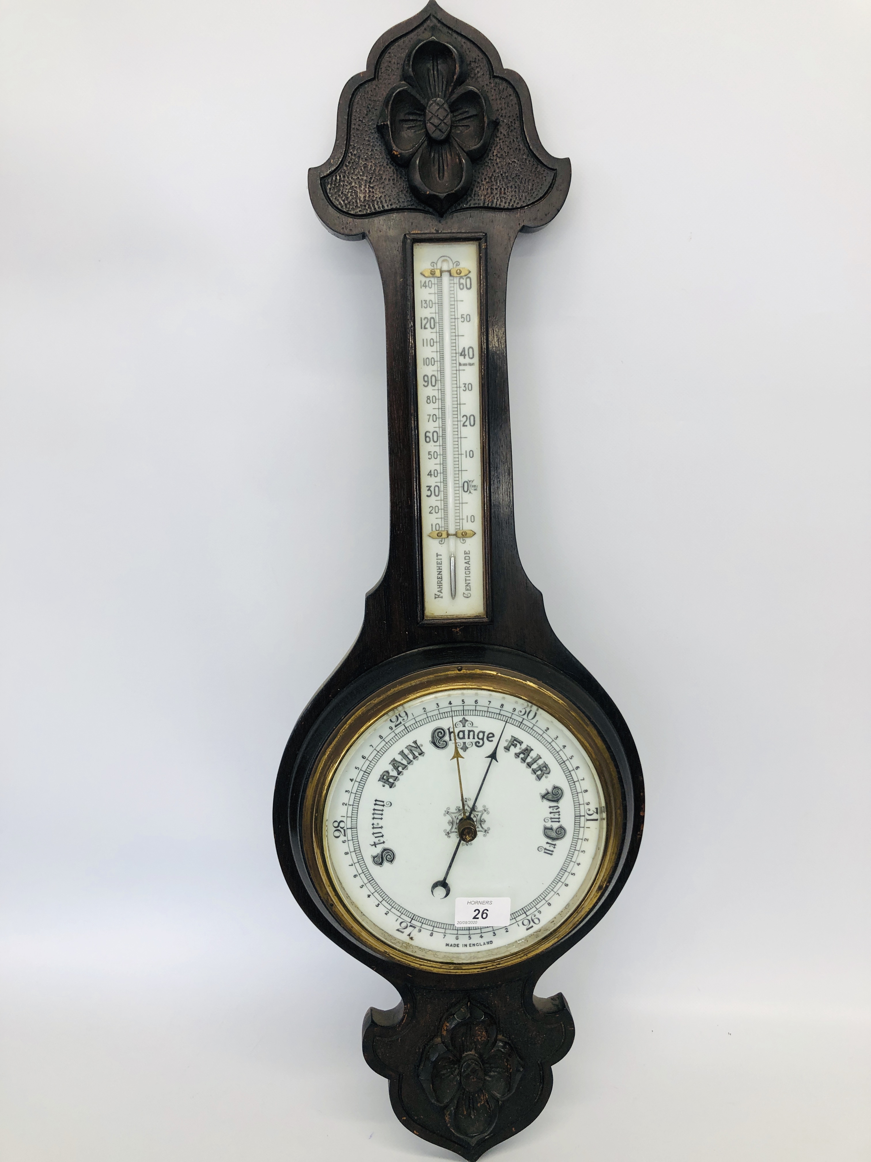 OAK CASED WALL HUNG BAROMETER WITH CARVED DETAIL