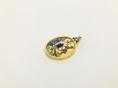 A YELLOW METAL PENDANT ONE SIDE DEPICTING THE ENAMELLED ARMS OF EDINBURGH NISI DOMINUS FRUSTRA