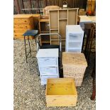 A PAIR OF MODERN TWO TREAD HOUSEHOLD STEPS, 6 BASKET PLASTIC STORAGE UNIT, WICKER LAUNDRY BASKET,