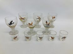 A SET OF 6 DRINKING GLASSES DEPICTING HANDCOLOURED GAME BIRDS AND A MATCHING SET OF 5 LIQUEUR