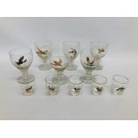 A SET OF 6 DRINKING GLASSES DEPICTING HANDCOLOURED GAME BIRDS AND A MATCHING SET OF 5 LIQUEUR