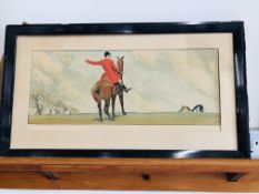 3 VINTAGE FRAMED COLOURED PRINTS DEPICTING HARE COARSING AND HUNTING WITH DOGS AND 2 MAPLE FRAMED