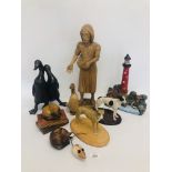 TWO GREYHOUND ORNAMENTS, A CAST LIGHTHOUSE DOORSTOP, TREEN ITEMS TO INCLUDE VILLAGE ELDER,