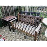 TWO WOODEN GARDEN BENCHES AND GARDEN OCCASIONAL TABLE