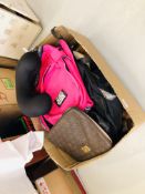 A BOX OF MISC. DESIGNER BRANDED BAGS AND FOOTWEAR TO INCL.