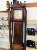 AN ANTIQUE MAHOGANY LONG CASE CLOCK, THE HAND PAINTED DIAL WITH SUBSIDIARY SECOND HAND INSCRIBED J.