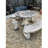 A LARGE STONEWORK PEDESTAL GARDEN TABLE - TOP DIAMETER 115CM ALONG WITH A PAIR OF CURVED STONEWORK