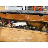 VINTAGE PAINTED 2 HANDLED TOOL CHEST TO INCLUDE VARIOUS WOOD WORKING TOOLS, DRILL BITS,
