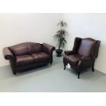 A LAURA ASHLEY TAN LEATHER TWO SEATER SOFA AND MATCHING LAURA ASHLEY TAN LEATHER WINGED RECLINER