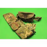 GREEN CANVAS CARTRIDGE BAG AND PAIR OF SHOOTING GLOVES AND CAMOUFLAGE GUN SLEEVE
