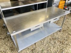 A MOFFAT STAINLESS STEEL COMMERCIAL TWO TIER PREPARATION TABLE FITTED WITH TWO DRAWERS AND