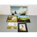 5 PICTURES "ROBIN", "BARN" COUNTRY SCAPE "STREAM & TREE" AND "DUCK OVER WATER" BEARING SIGNATURE E.