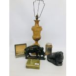 HARDSTONE LAMP BOX, BRASS CARRIAGE CLOCK WITH ONYX DETAIL, SNAKE SKIN EFFECT BOX, ONYX BOX,