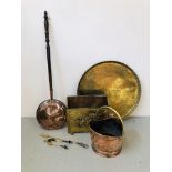 A LARGE IRANIAN DECORATED BRASS TRAY, A COPPER AND BRASS COAL BUCKET,