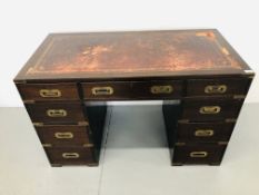 HARDWOOD 9 DRAWER MILITARY STYLE TWIN PEDESTAL KNEE HOLE DESK WITH TOOLED LEATHER TOP 47½ X 24 X 29