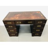 HARDWOOD 9 DRAWER MILITARY STYLE TWIN PEDESTAL KNEE HOLE DESK WITH TOOLED LEATHER TOP 47½ X 24 X 29