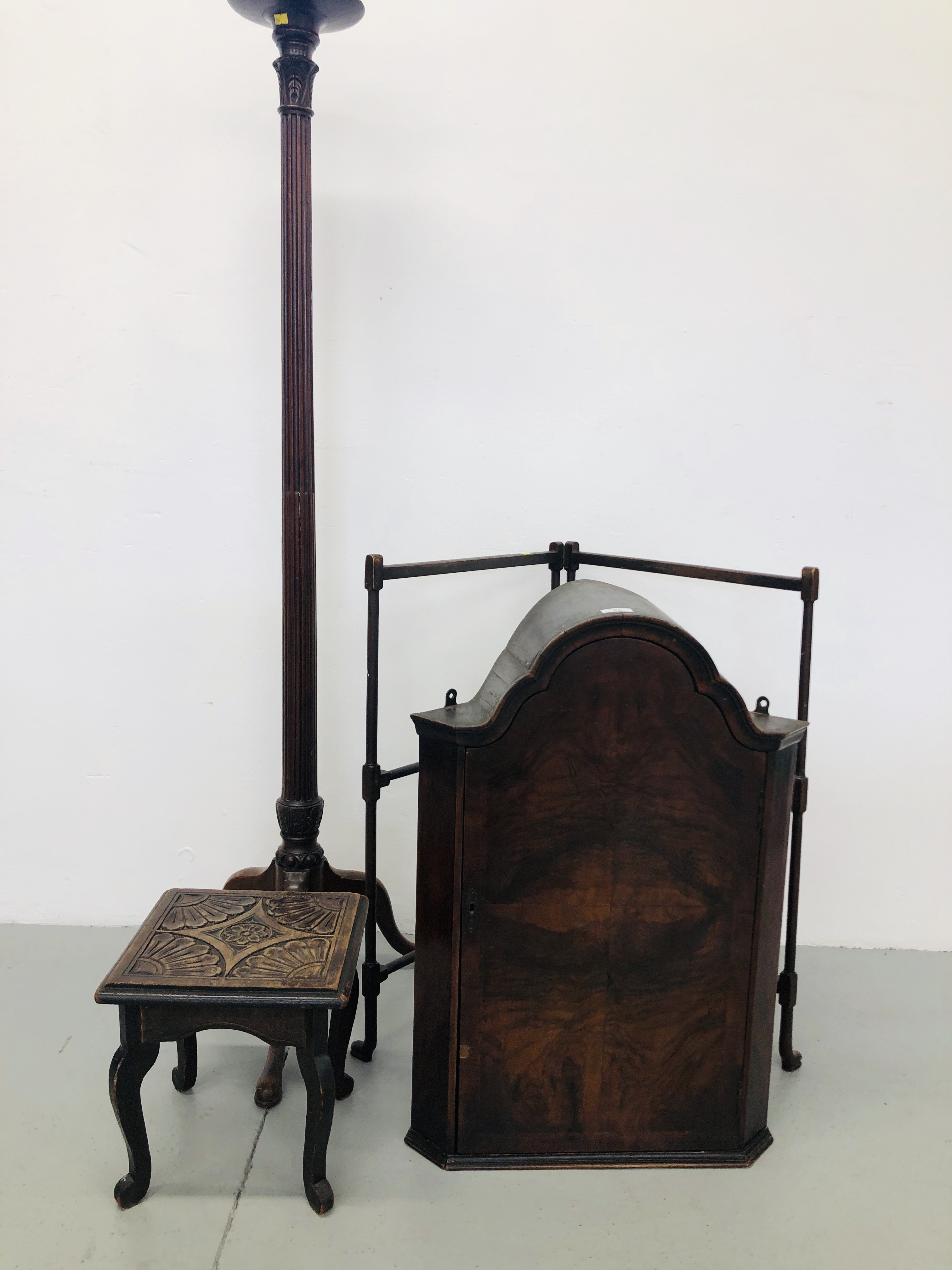 PERIOD WALNUT FINISH WALL HUNG CORNER CABINET WITH DOMED TOP + MAHOGANY STANDARD LAMP WITH REEDED