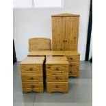 A PINE EFFECT FINISH FIVE PIECE BEDROOM SUITE COMPRISING OF DOUBLE WARDROBE,