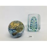 HEAVY ART GLASS PAPERWEIGHT + ISLE OF WIGHT GLASS PAPERWEIGHT SIGNATURE TO BASE