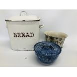 VINTAGE ENAMELLED BREAD BIN, SCOTTISH STONEWARE LIDDED POT,